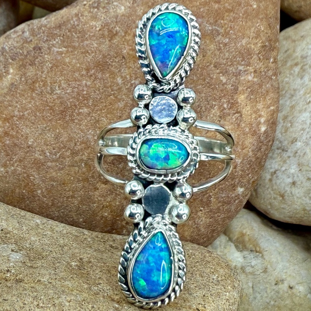Navajo RB Sterling Silver Blue Opal Row Ring Size 5.5 Signed RB Sterling NWOT